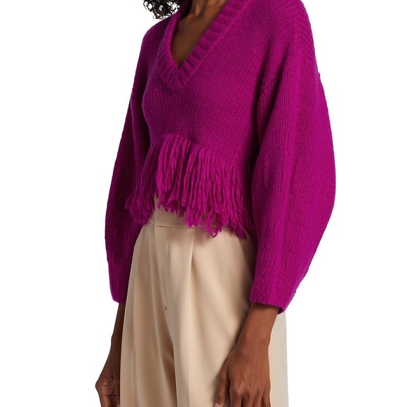 Alejandra Alonso Rojas. Cashmere Wool Blend Vee Neck Sweater w/ Fringe. Cropped. - Picture 6 of 13